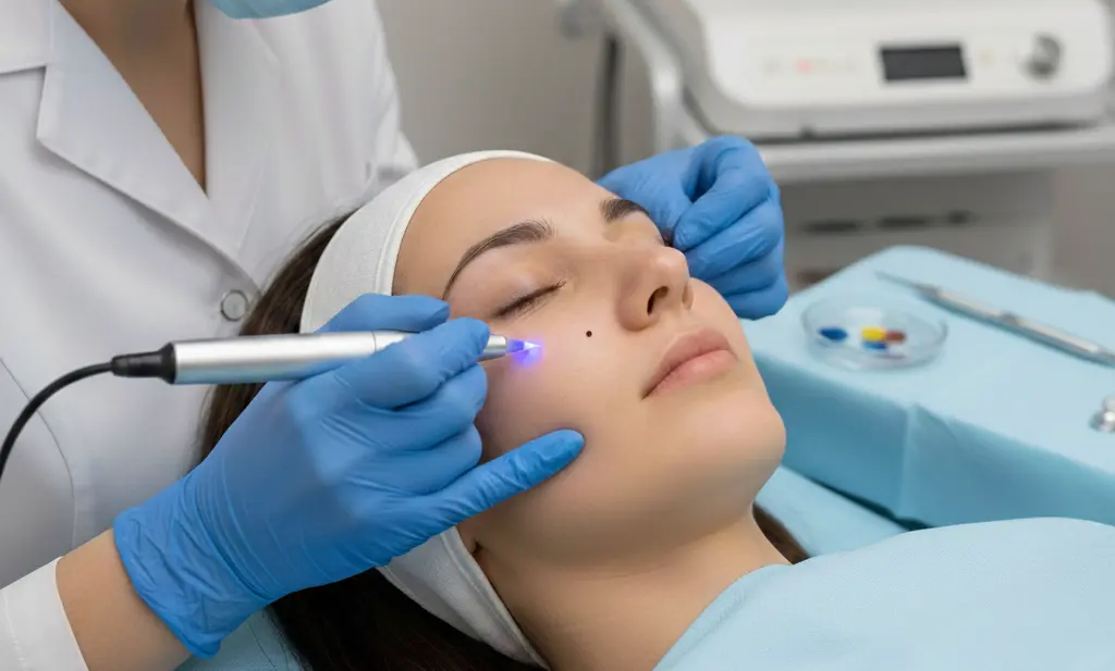 Semi-permanent cosmetic mole creation — beauty mark tattoo precisely placed on skin Chennai