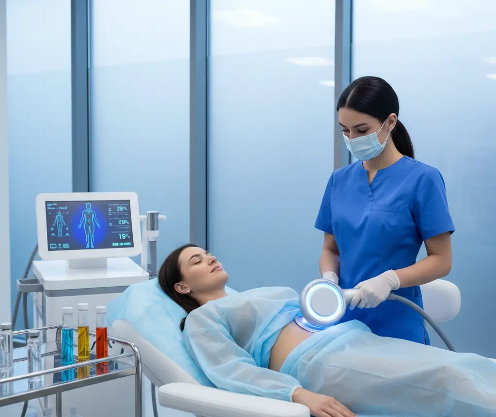 Certified weight loss specialist performing a non-surgical body contouring consultation at Maynee Clinic