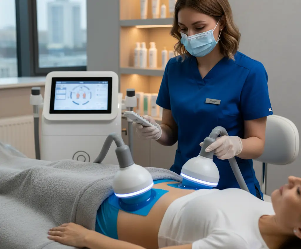 Cryolipolysis fat freezing treatment being performed on abdomen — non-surgical fat removal