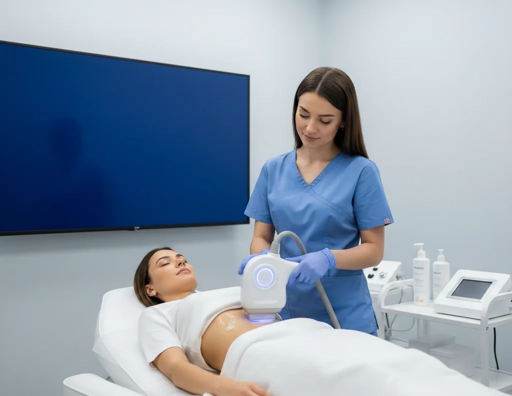 Ultrasound cavitation body contouring treatment being applied for fat cell reduction