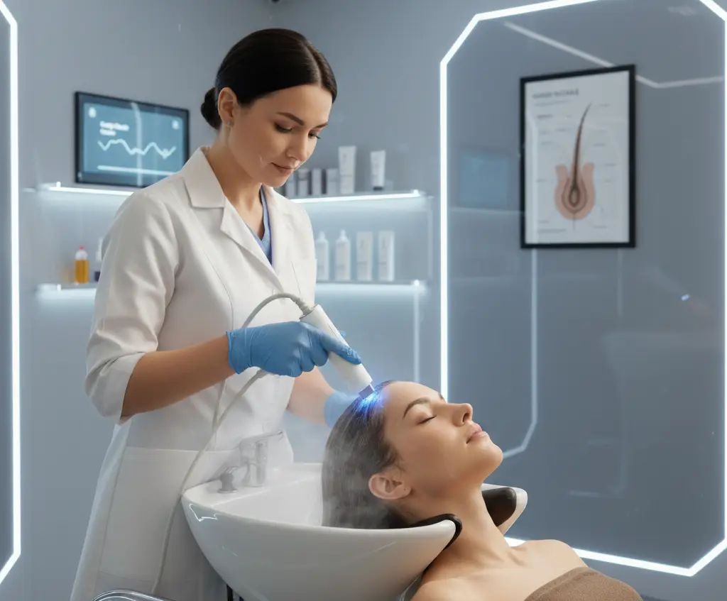 Scalp care treatment session at Maynee Clinic Chennai — trichoscopy-guided assessment