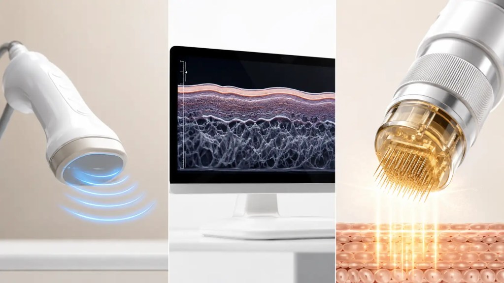 Comparison banner showing HIFU ultrasound waves, an Ultherapy live imaging screen, and RF microneedling device tips for non surgical skin tightening treatments.
