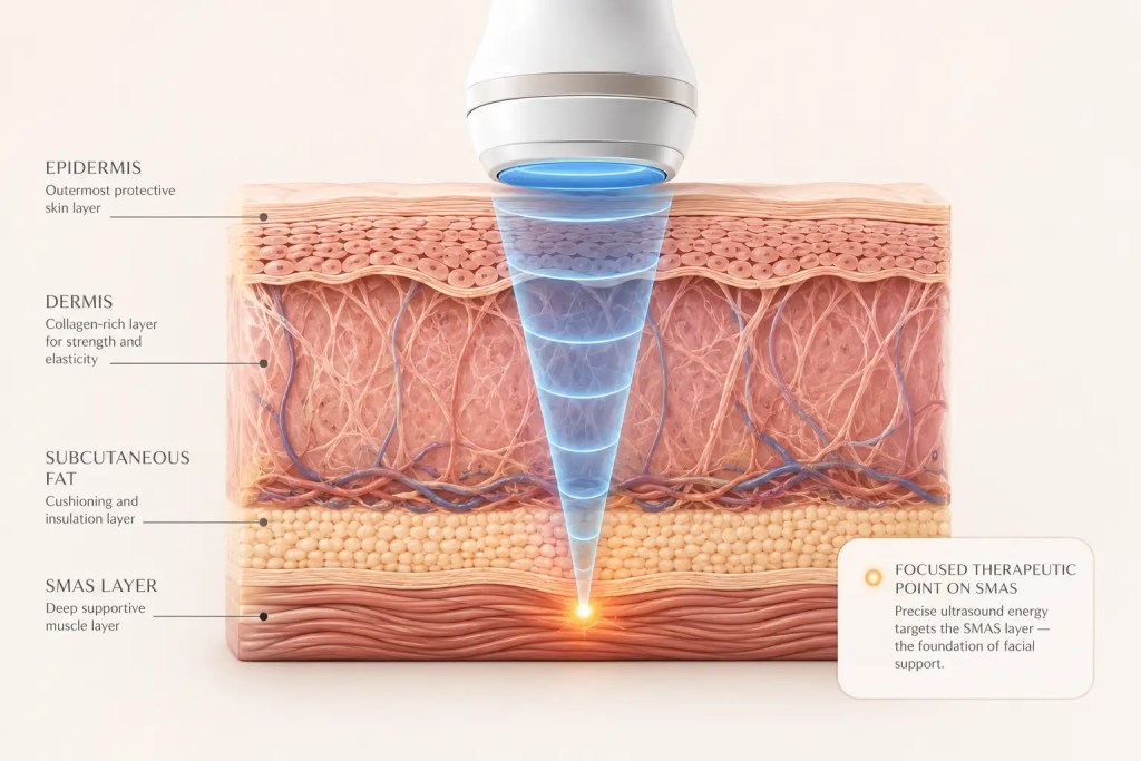 A clean 3D cross section diagram of skin layers showing how HIFU and Ultherapy ultrasound energy reaches the deep SMAS layer for structural face lifting.