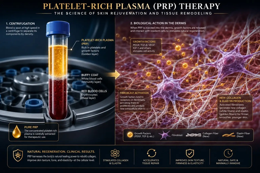 Biological diagram of platelet-rich plasma growth factors activating fibroblast cells within the dermal matrix for natural tissue repair.