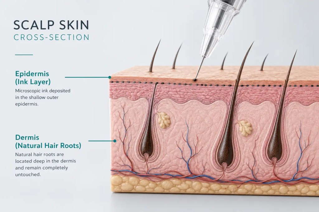 Cross-section diagram showing scalp micropigmentation ink placement safely in the epidermis layer above natural hair roots.