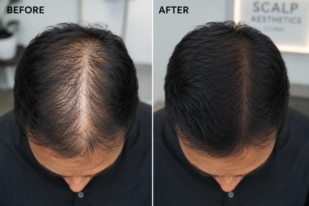 Before and after top-down view of thinning crown hair density improvement using scalp micropigmentation in Chennai.