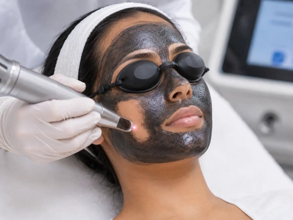 Safe Q-switched Nd YAG laser removing a charcoal carbon paste mask during a Carbon Laser Peel treatment to tighten pores.