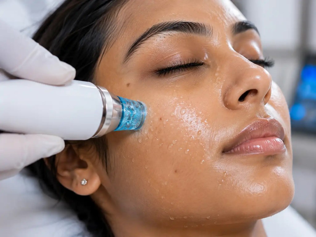 HydraFacial vortex-fusion machine tip infusing hydrating serums into the skin during a clinical session in Velachery.