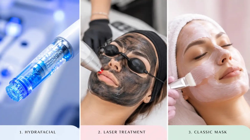 Comparison of HydraFacial, Carbon Laser Peel, and Classic Facial treatments at a luxury cosmetology clinic in Velachery, Chennai.