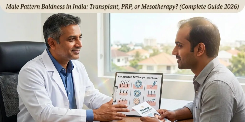 Featured blog image of a medical doctor in Velachery clinic consulting an Indian patient on hair restoration, featuring updated premium serif text effects for 'Male Pattern Baldness in India: Transplant, PRP, or Mesotherapy? (Complete Guide 2026)'.