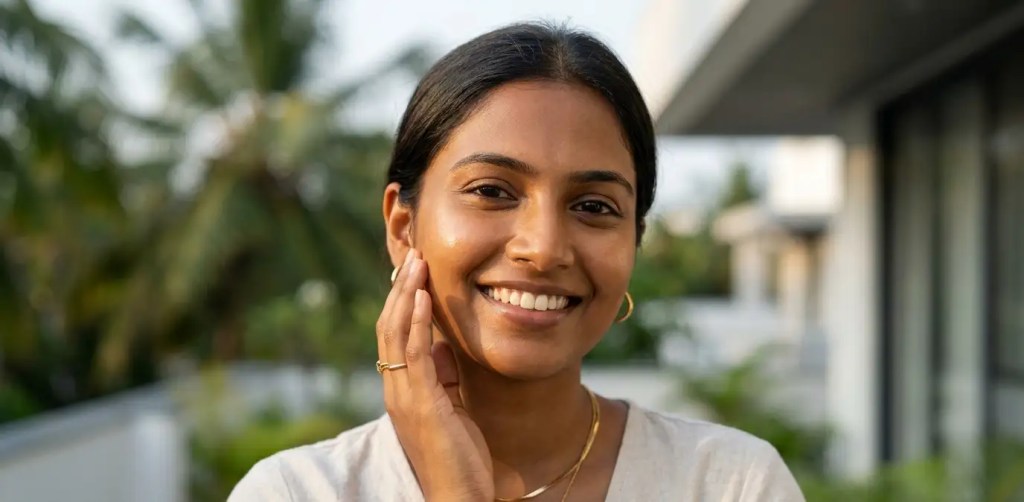 Close-up portrait of a radiant South Indian woman smiling confidently, exemplifying the healthy glow achieved from professional skin brightening treatments in Chennai.