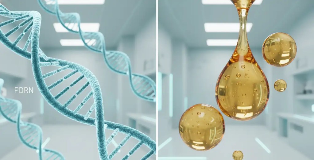 3D medical illustration comparing PDRN cellular repair molecules and Profhilo bio-remodeling hyaluronic acid structure.