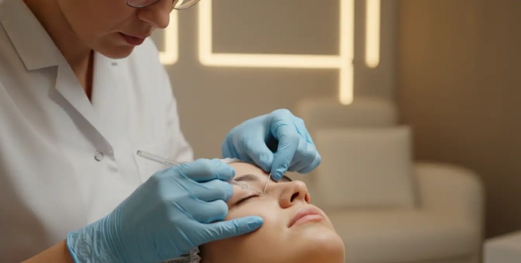 A professional dermatologist performing a natural PRF under-eye rejuvenation procedure at a top skin clinic.