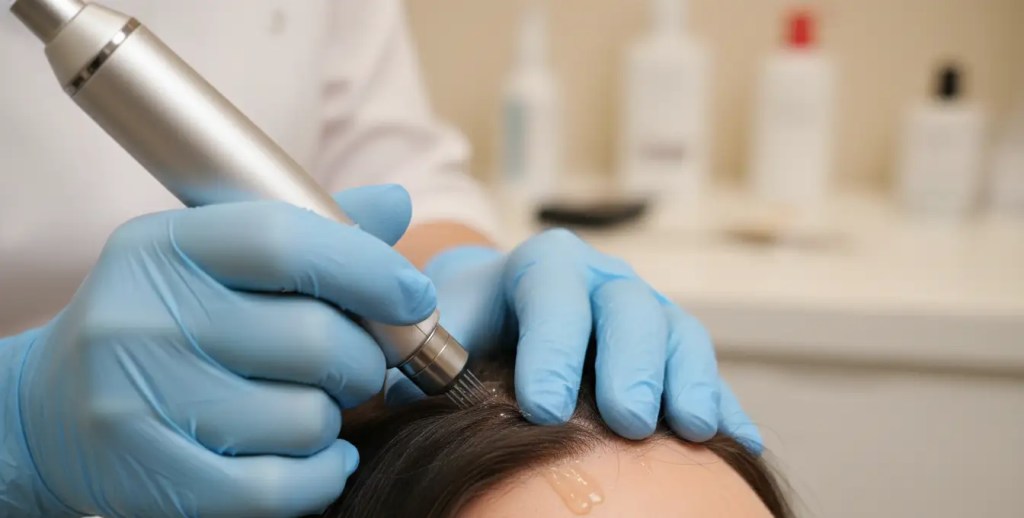 Regenerative Platelet-Rich Fibrin therapy being applied to the scalp for natural hair loss restoration.