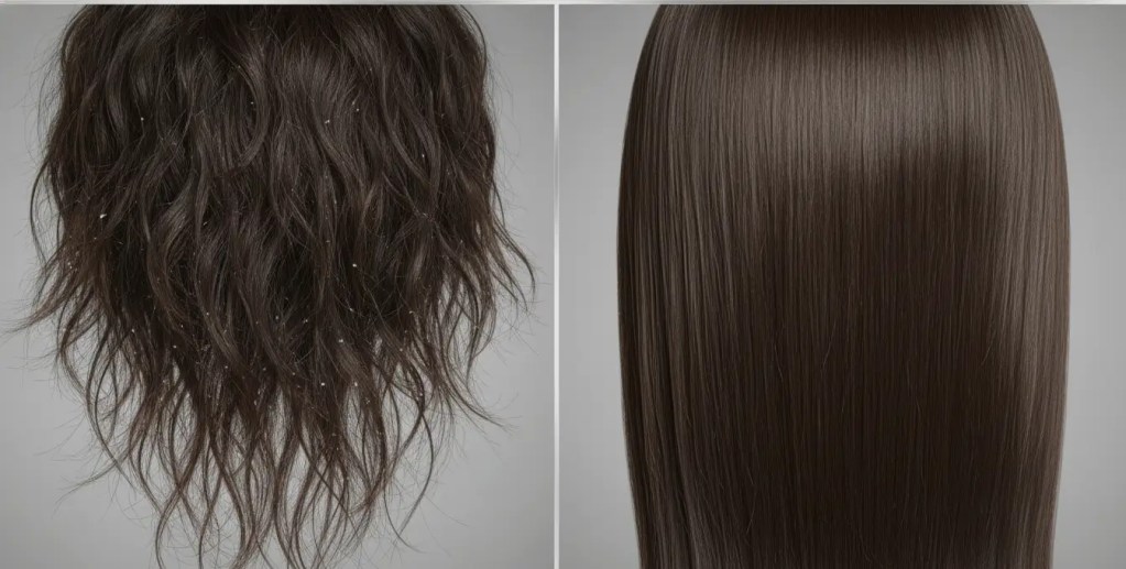 Before and after comparison of hair damaged by hard water minerals versus soft, hydrated, healthy hair.