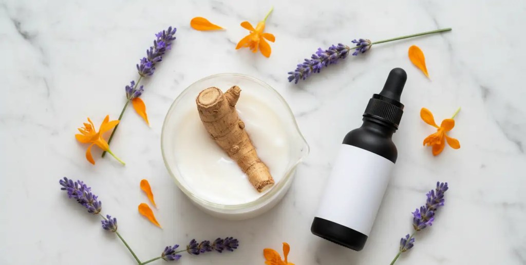 Flat lay image of Ashwagandha root and peptides used in neurocosmetic facials for stress relief in India.