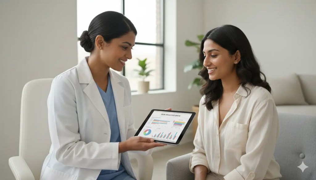 A trusted dermatologist at Maynee Cosmetology Clinic Nungambakkam explaining the personalized sprinkle technique and baby botox treatment plan to a concerned client.