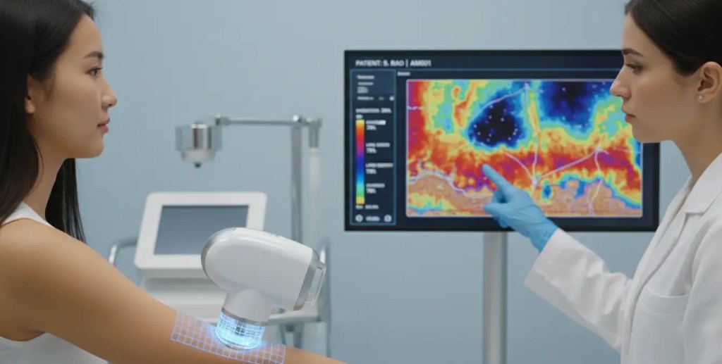 Advanced skin diagnostic scanner at Maynee Cosmetology Clinic, OMR, analyzing deep skin biomarkers for a personalized skincare plan.