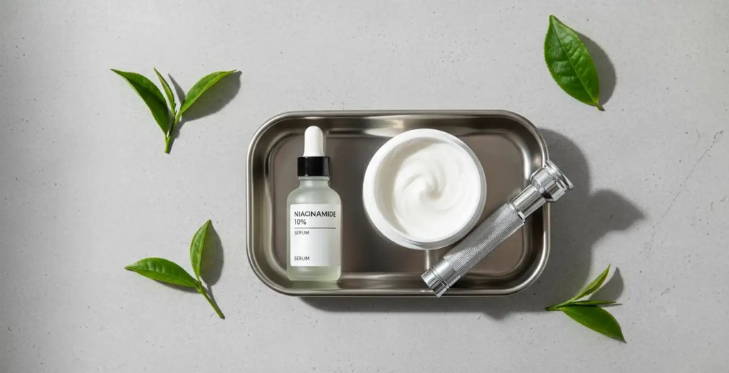 A medical tray containing science-backed active serums and barrier creams recommended by Indian dermatologists for clinical skincare.