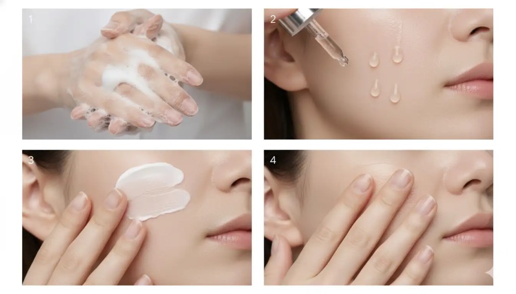 A visual step-by-step guide illustrating a dermatologist-approved skincare routine from cleansing to sunscreen application.