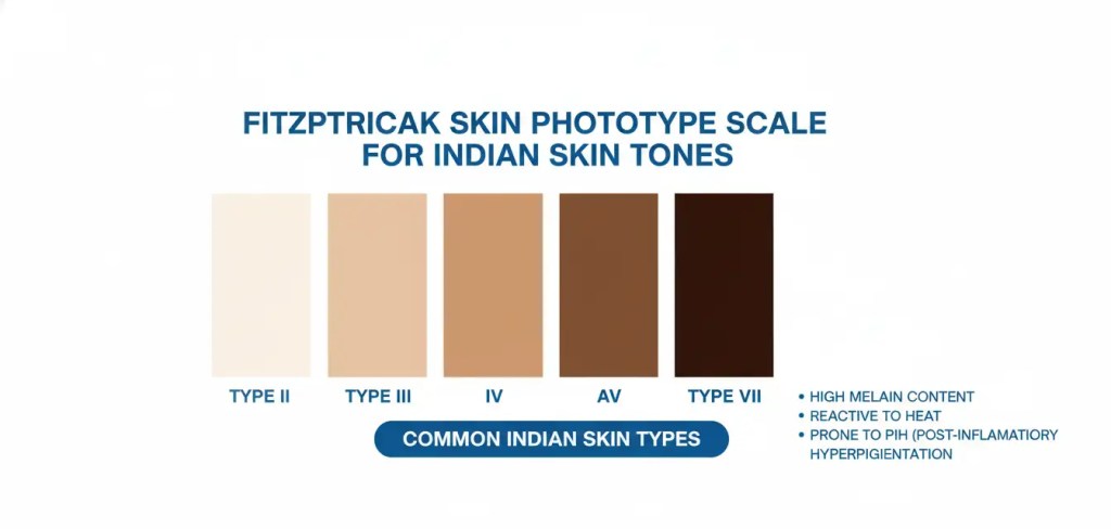 A medical diagram of the Fitzpatrick Scale classifying skin types I to VI, highlighting types III through VI common among Indian skin tones.