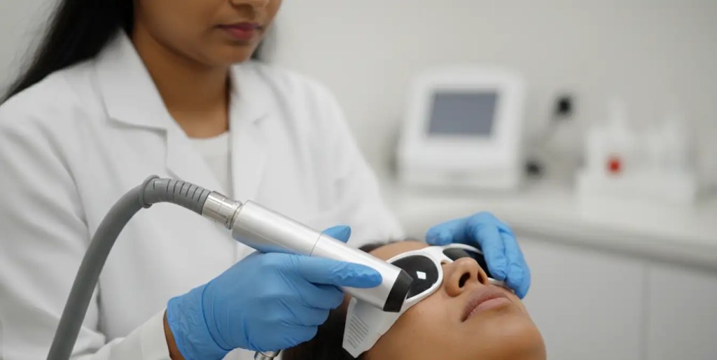 Close-up of a certified dermatologist using an advanced Q-Switched laser handpiece on an Indian patient's cheek for pigmentation treatment.