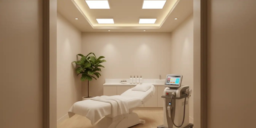 View of a sterile, welcoming, and modern boutique cosmetology clinic treatment room on OMR, Chennai, featuring premium equipment and soft lighting.