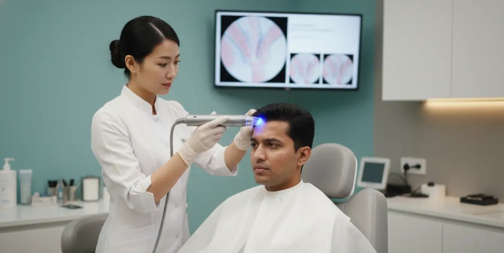 A male patient undergoing a professional clinical scalp detox and hair thinning treatment at Maynee Cosmetology Clinic.