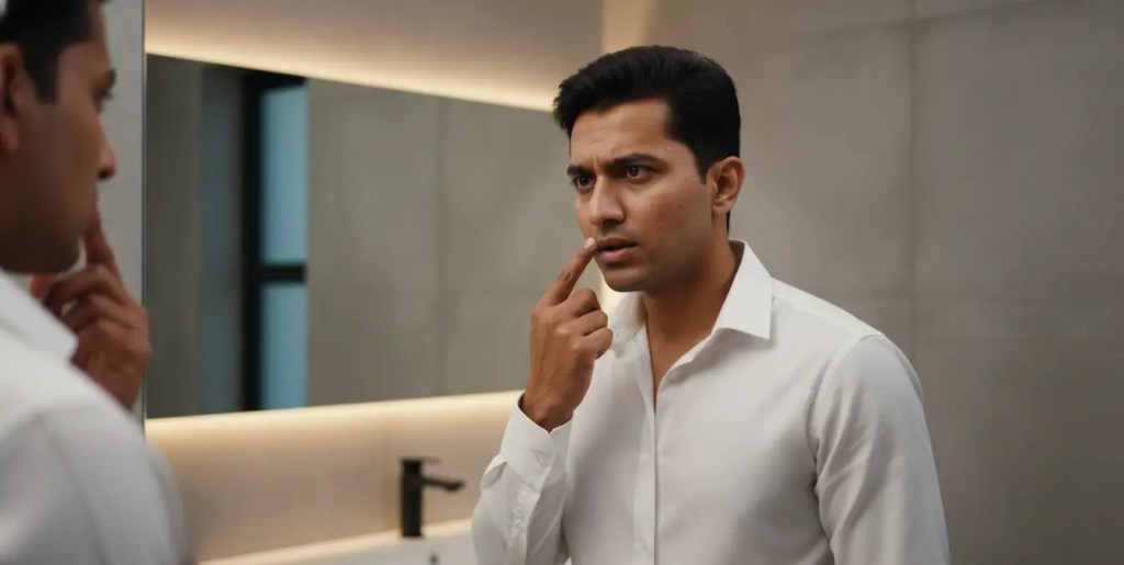 An Indian corporate professional feeling his irritated facial skin after traveling in a hot, humid tropical city climate.