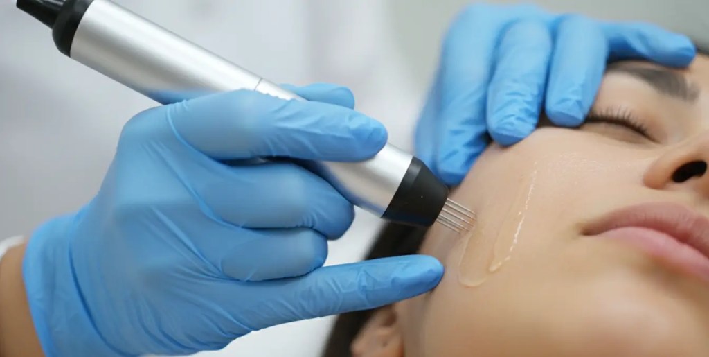 A close-up view of a trained skin professional's gloved hands operating a specialized microneedling pen on the cheek of a patient with an Indian skin tone