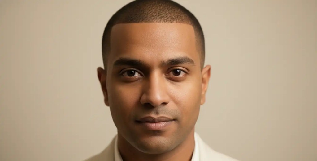Natural scalp micropigmentation hairline result on a South Indian man showing realistic hair follicles.