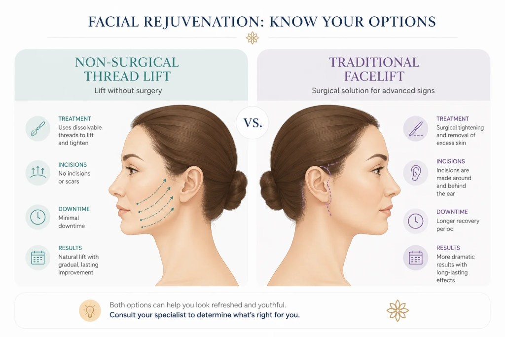Minimalist comparison infographic showing thread lift suture placement versus hidden surgical facelift incisions.