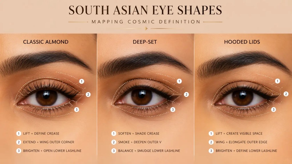 An educational beauty diagram detailing cosmetic mapping lines for almond, deep-set, and hooded Indian eye shapes.