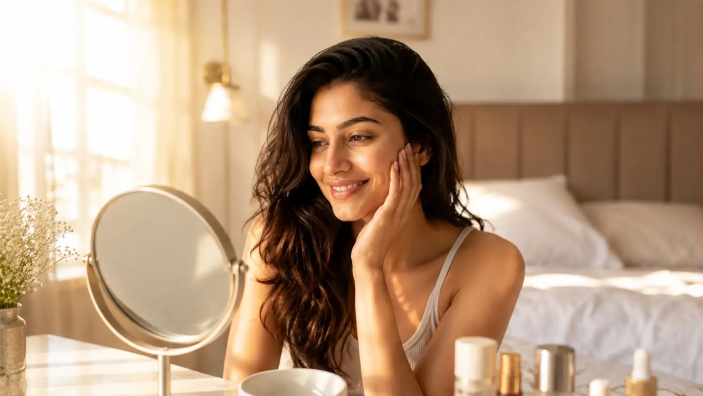 A confident Indian woman smiling in morning light with effortlessly defined eye makeup.