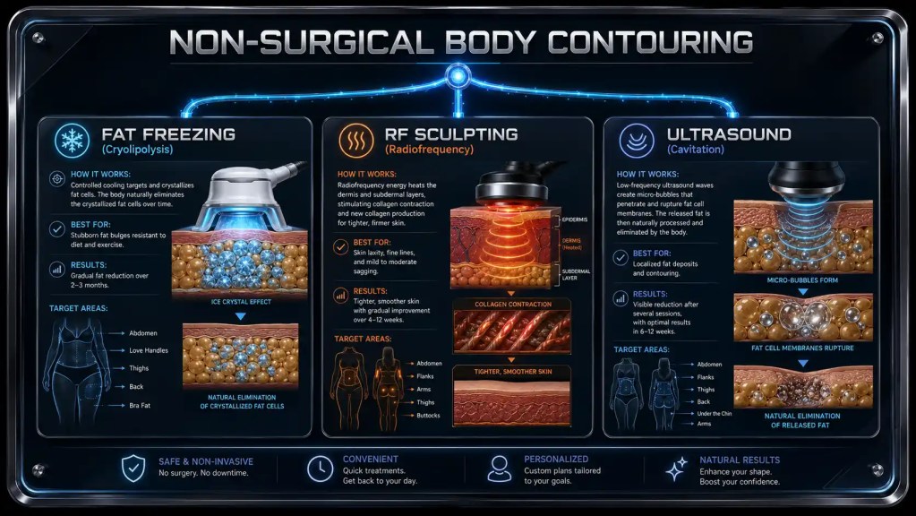 Detailed dark-themed infographic comparing non-surgical body contouring techniques: cryolipolysis, radiofrequency, and ultrasound cavitation, with descriptions and illustrations of how each method targets fat cells.