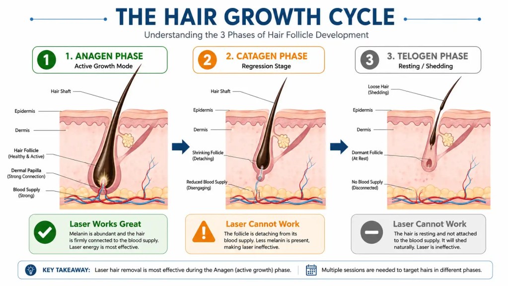 A medical infographic diagram illustrating the three phases of human hair growth (Anagen, Catagen, Telogen) and the specific stages where laser hair removal technology can successfully destroy the follicle root for permanent hair reduction (90%+ achieved).