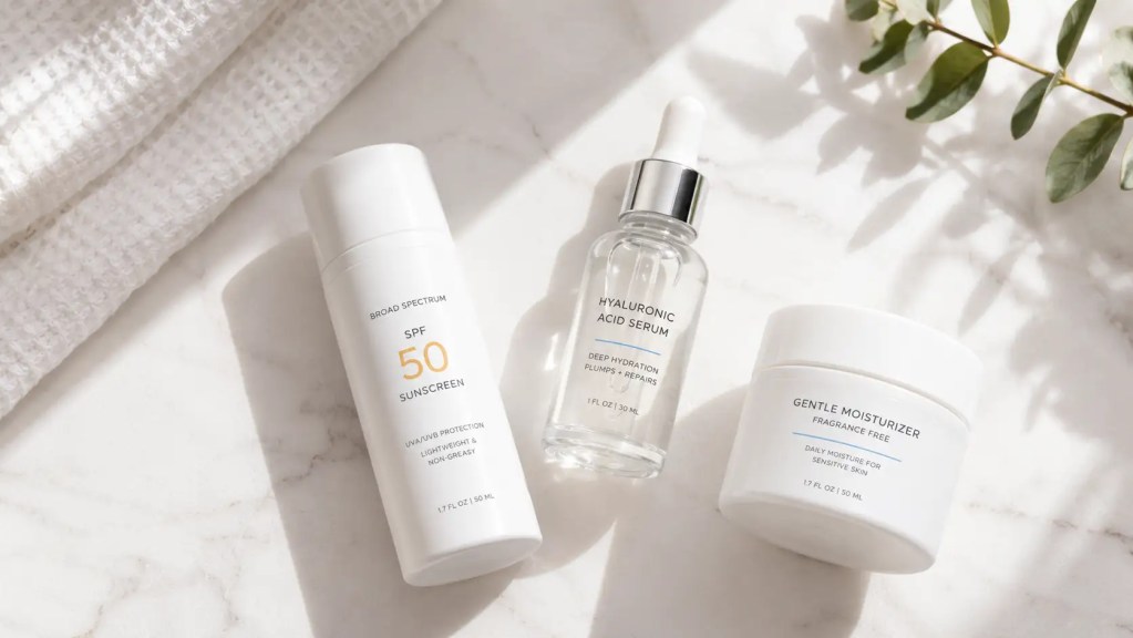 Gentle skincare products including SPF 50 and hyaluronic acid for safe aftercare recovery after a dermaplaning procedure.