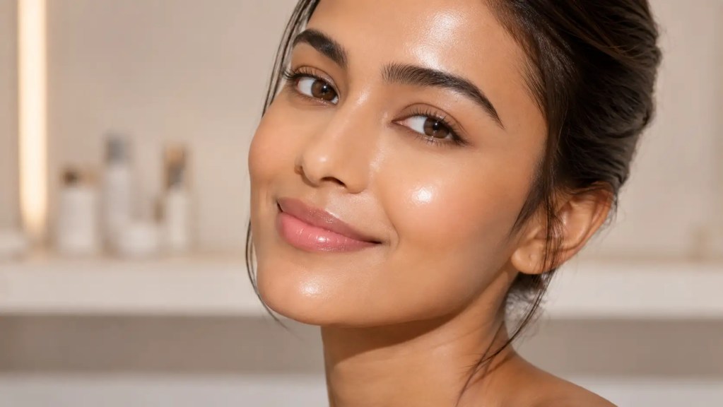 A close-up showing the smooth, glowing, and radiant facial skin texture of an Indian woman after a clinical dermaplaning facial.