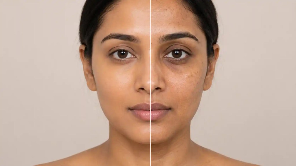 Early signs of skin aging in Indian women including pigmentation, melasma, under-eye shadows and uneven skin texture