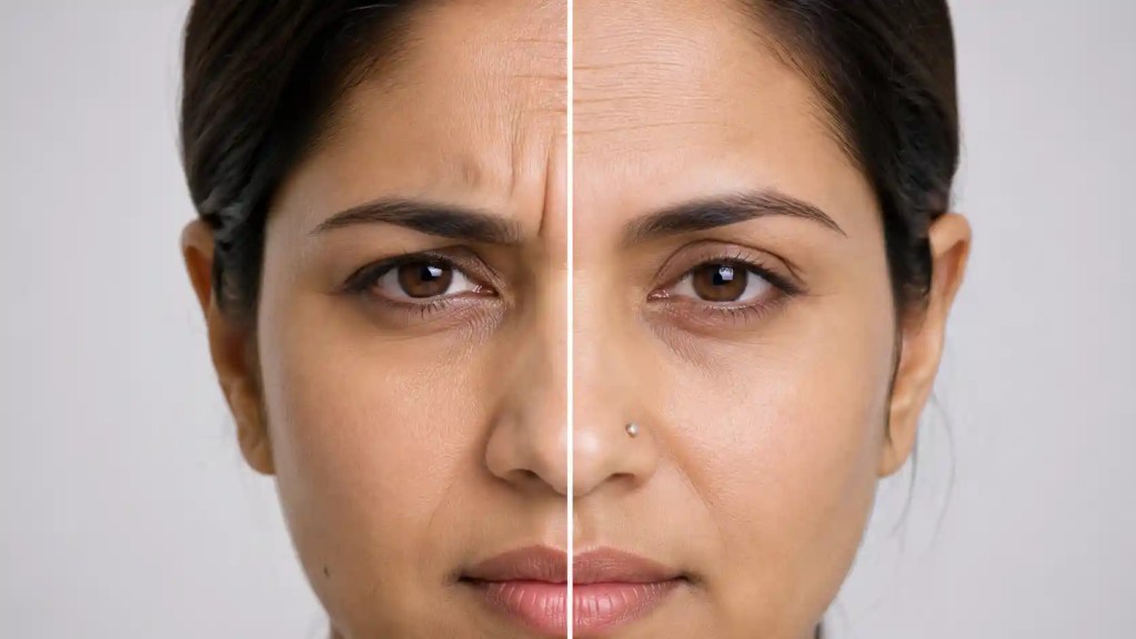 Comparison of dynamic and static forehead wrinkles on an Indian woman's face.
