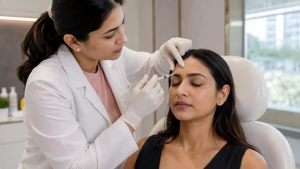 Dermatologist performing forehead line treatment using micro injections in Chennai.