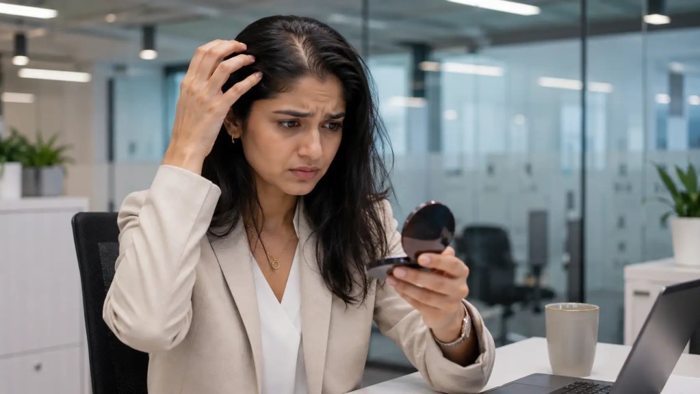 A concerned South Asian woman checking her flat, oily hair roots at her office desk in Chennai, illustrating the early signs of a greasy scalp.