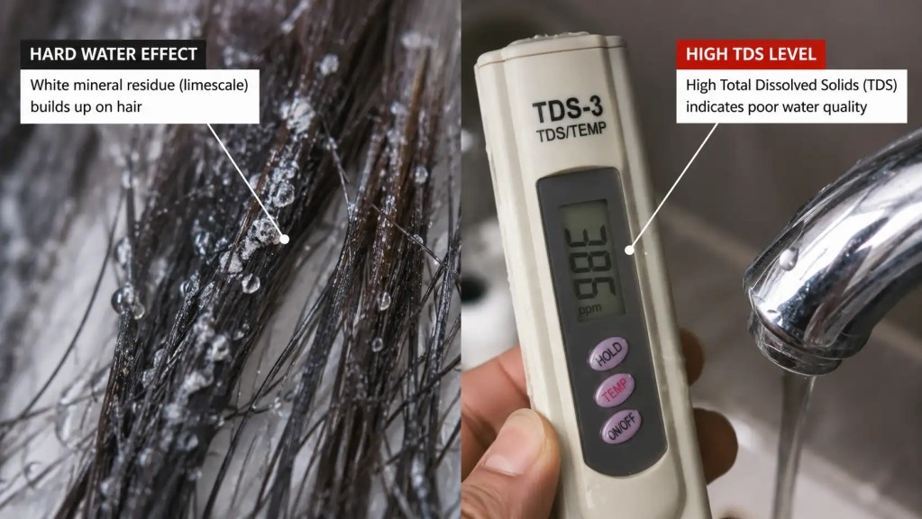 High TDS hard water mineral residue crusting on hair strands, showing the primary environmental cause of greasy scalp for residents in OMR, Chennai.