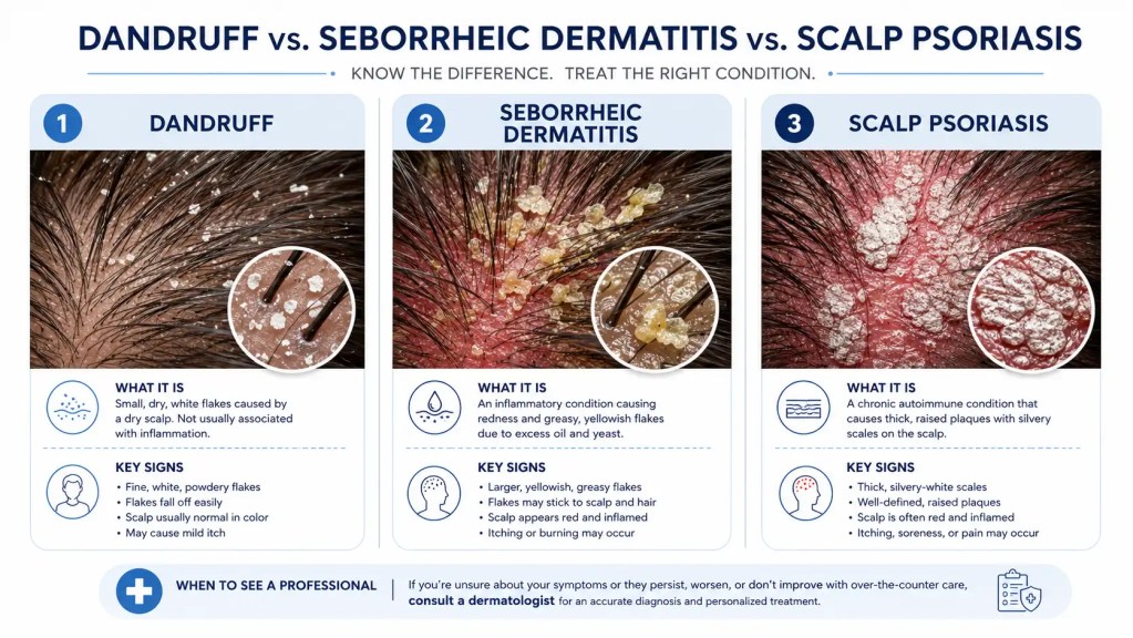 An illustrative infographic comparing the visual signs of dandruff, seborrheic dermatitis, and scalp psoriasis on a human scalp.
