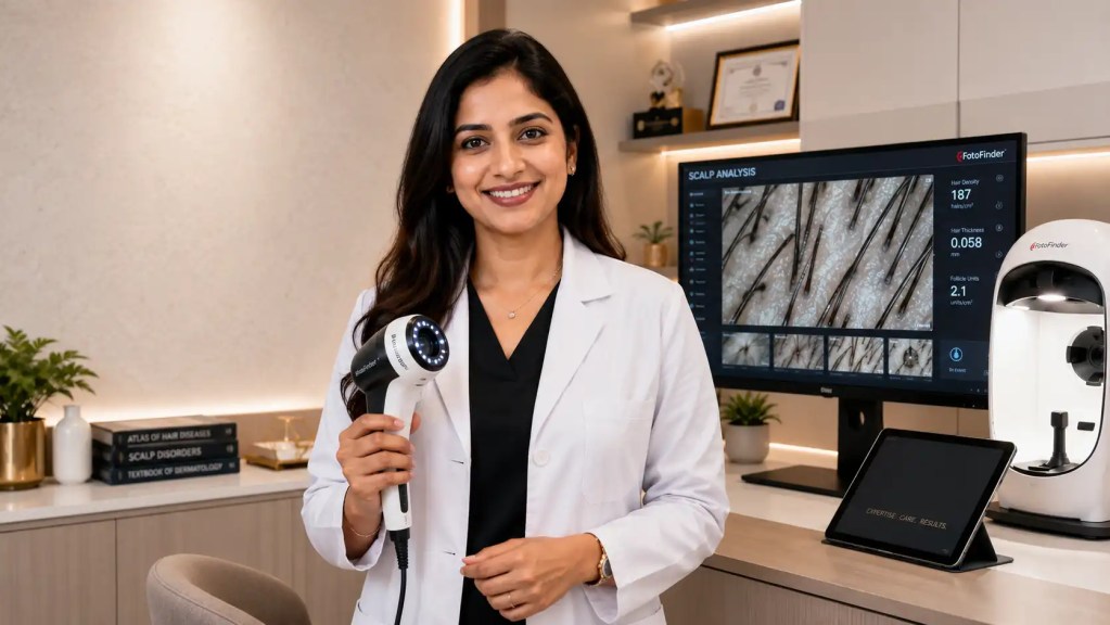 Friendly and professional cosmetology specialist in a clinical setting holding a scalp analysis tool, offering professional guidance for hair and scalp issues in Velachery.