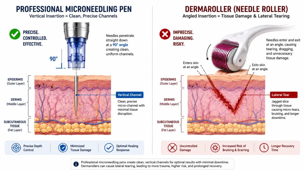 Medical diagram illustrating clean 90-degree vertical microneedling channels versus jagged skin tears caused by an angled dermaroller.