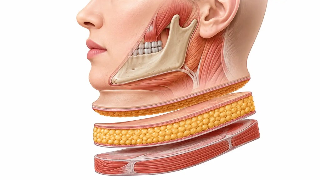 Cross-section medical diagram showing the subcutaneous fat and SMAS layer under the human chin.