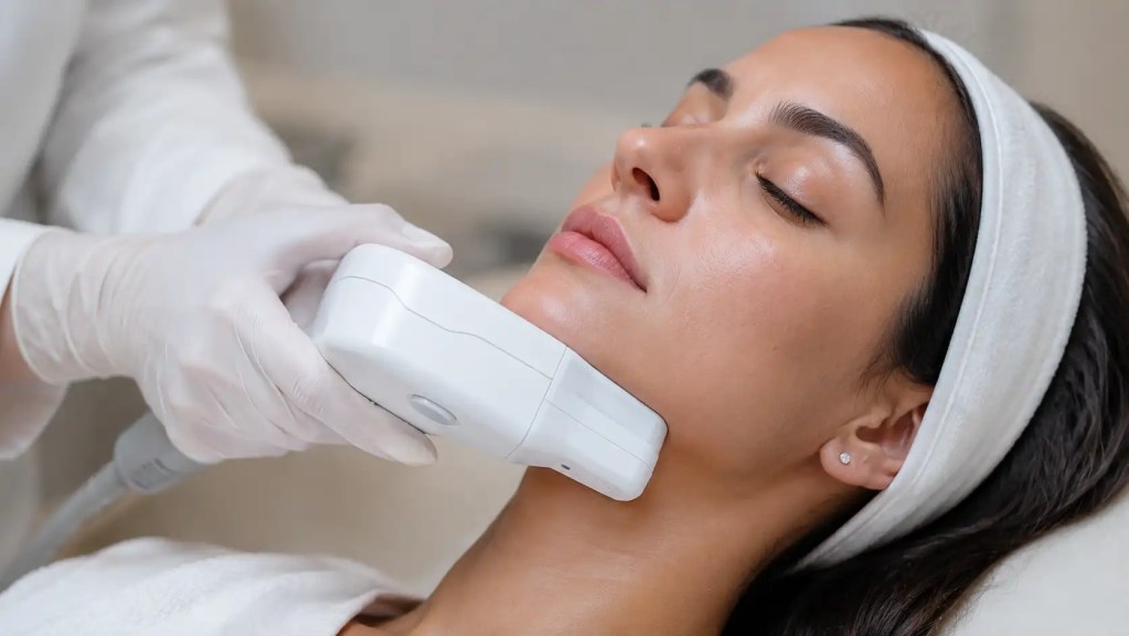 A patient receiving a non-invasive HIFU jawline tightening treatment at a cosmetic clinic in Porur, Chennai.
