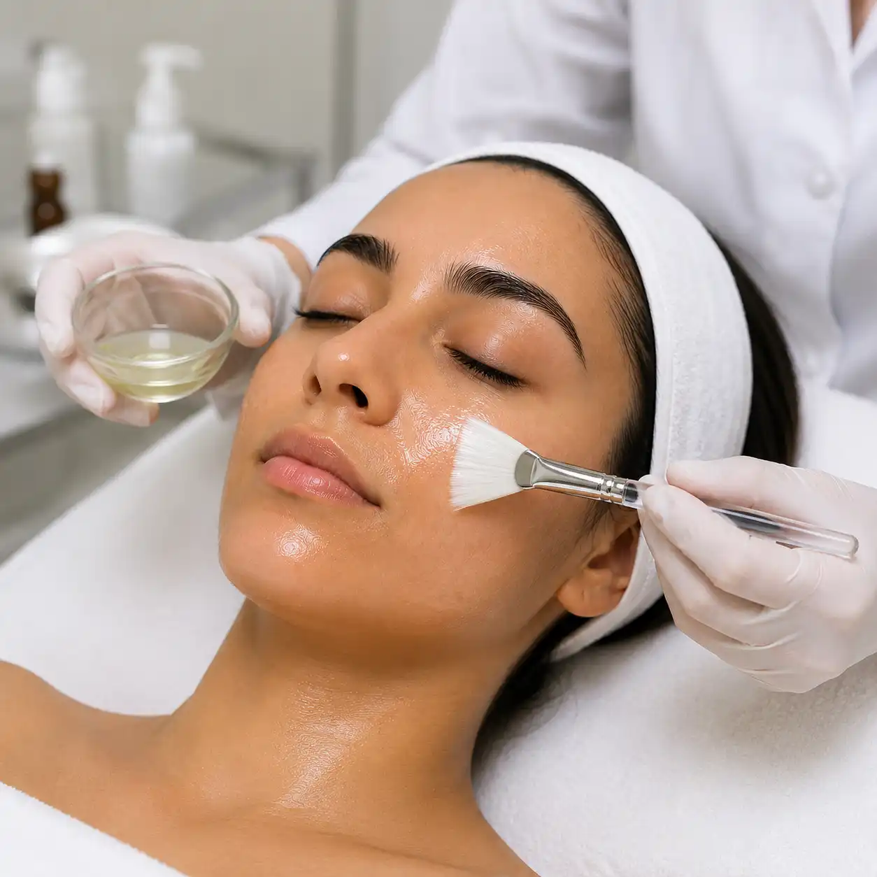 Chemical peel treatment session at Maynee Skin Clinic Chennai — dermatologist applying peel
