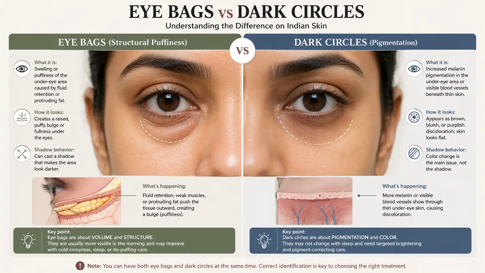 Side-by-side visual comparison of eye bags versus dark circles on Indian skin — showing structural puffiness versus pigmentation differences